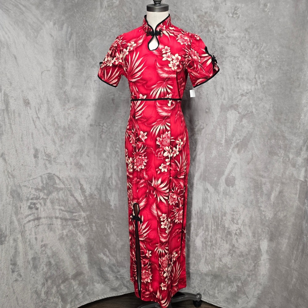 Amy Lee Cheongsam Dress Womens M Red Floral Hawaiian Qipao Maxi Side Slit Cotton